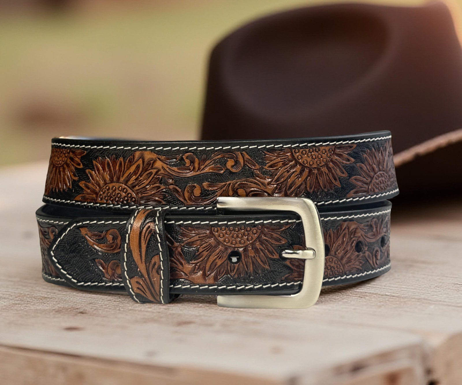 Western Leathe Belt Cowboy Rodeo Full Grain Leather Hand Tooled Removable Buckle