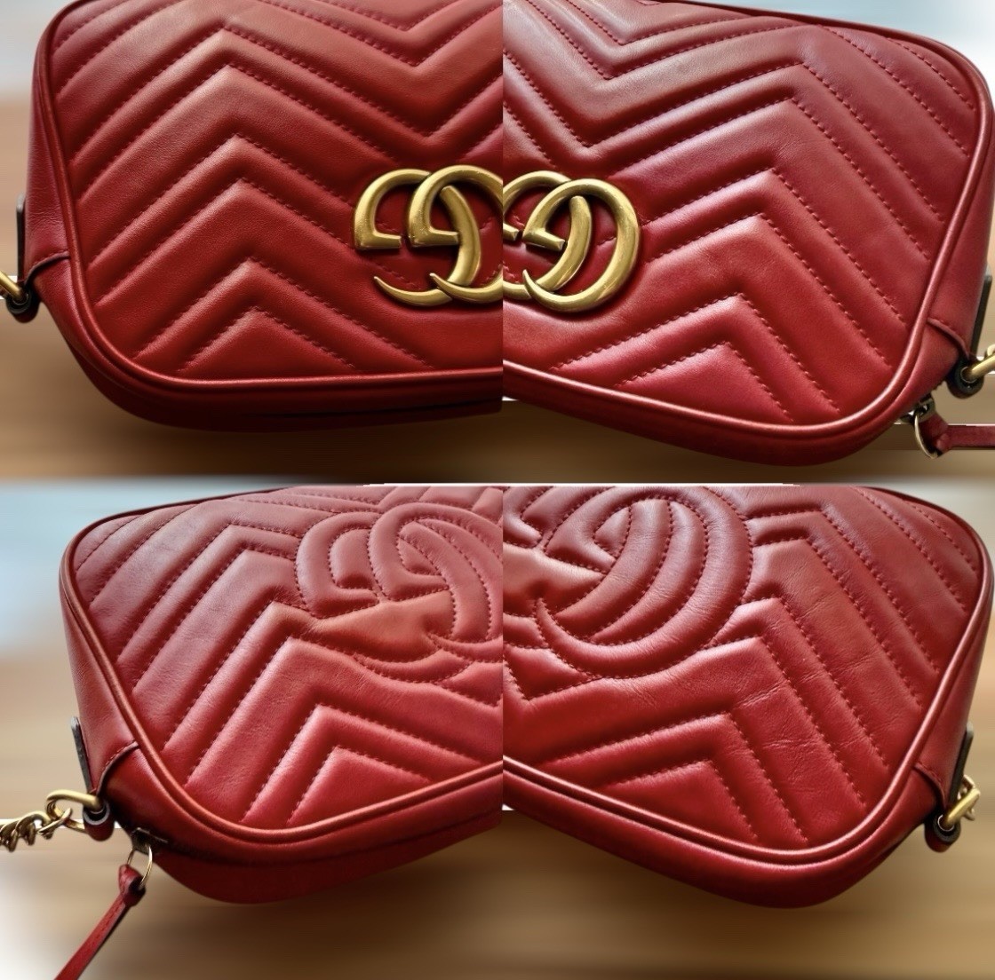 GUCCI GG Marmont Matelasse Red Leather Small Camera Shoulder Crossbody Bag