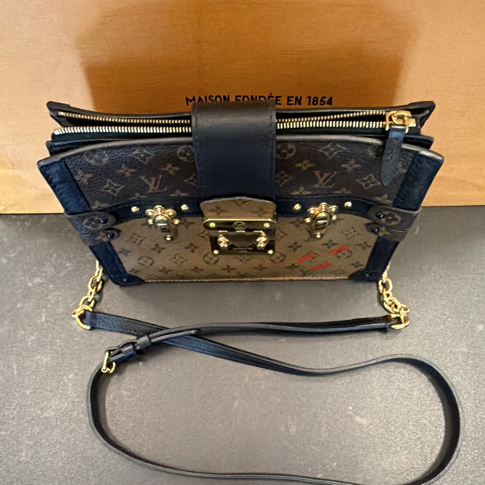 Louis Vuitton Monogram Chain Strap Crossbody Gold Hardware Zip Top Push Lock