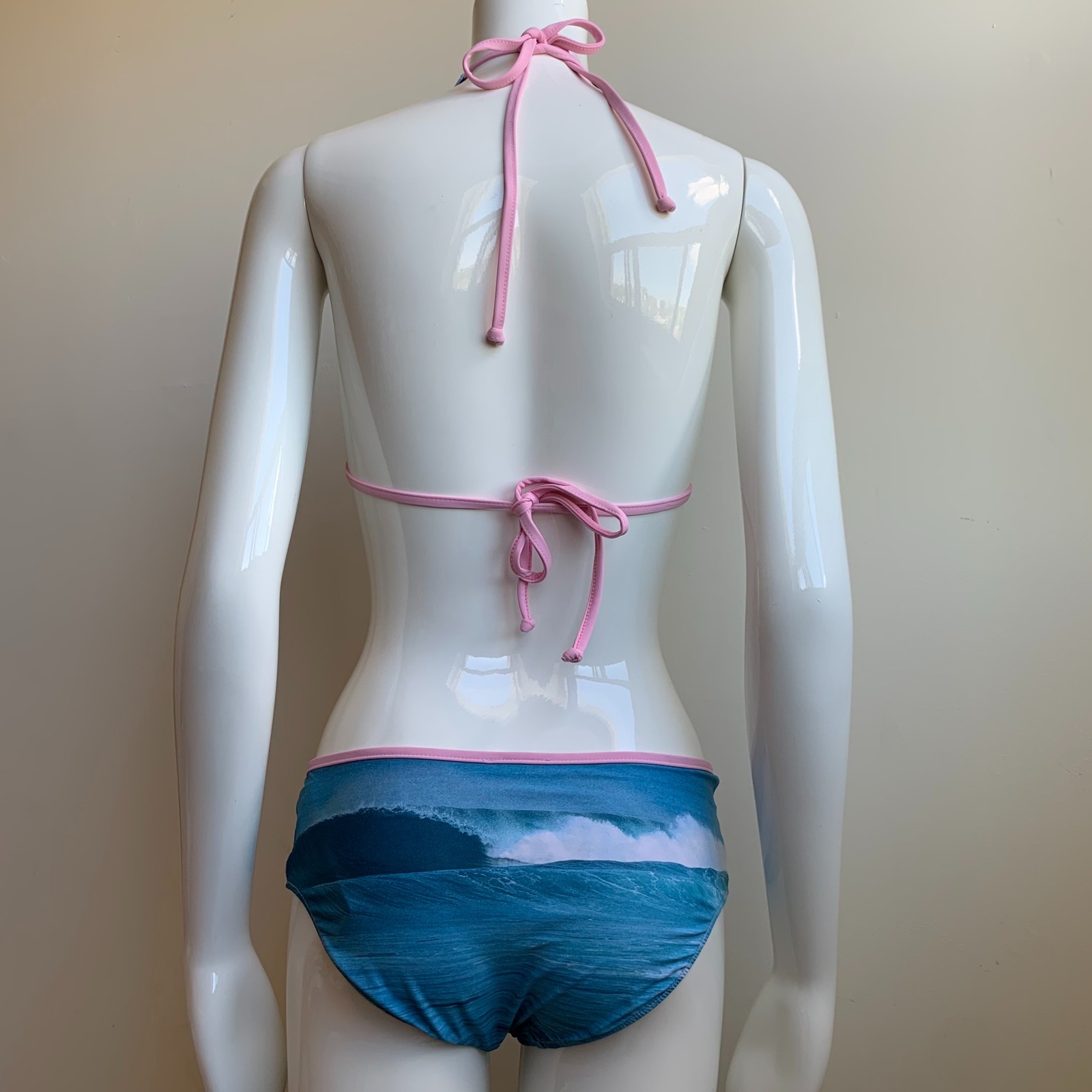Aaron Chang blue & pink stripe wave reversible scenic photo print bikini