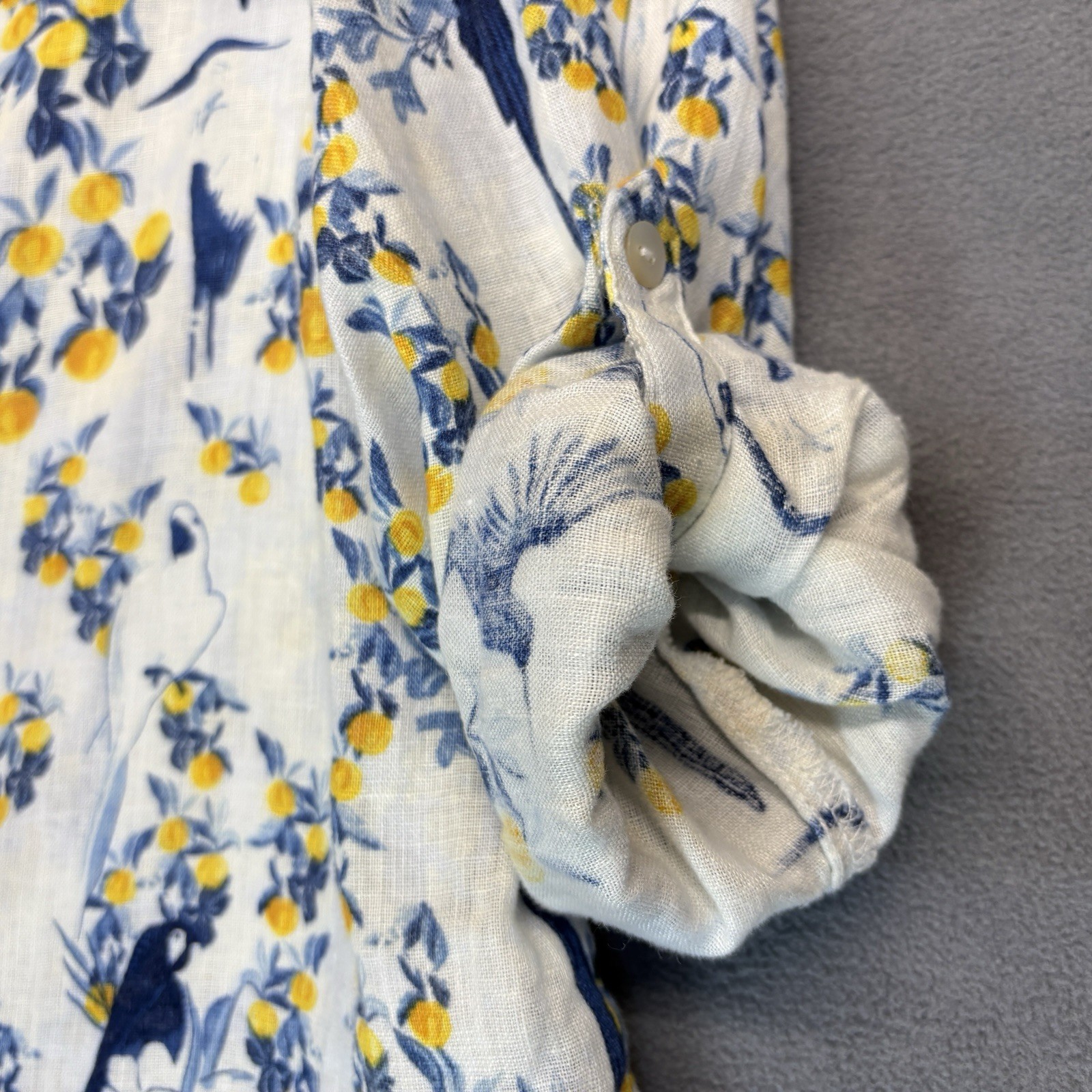 Isaac Mizrahi Size 2X 100% Linen Blouse Blue Yellow Bird Floral Roll Tab Sleeve