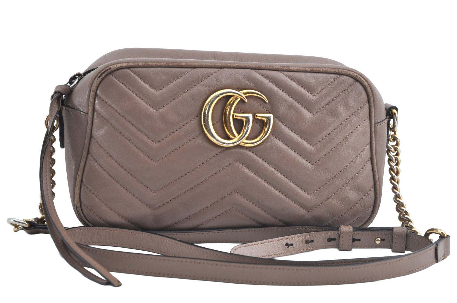 Auth GUCCI GG Marmont Chain Shoulder Cross Body Bag Leather 447632 Beige AA174