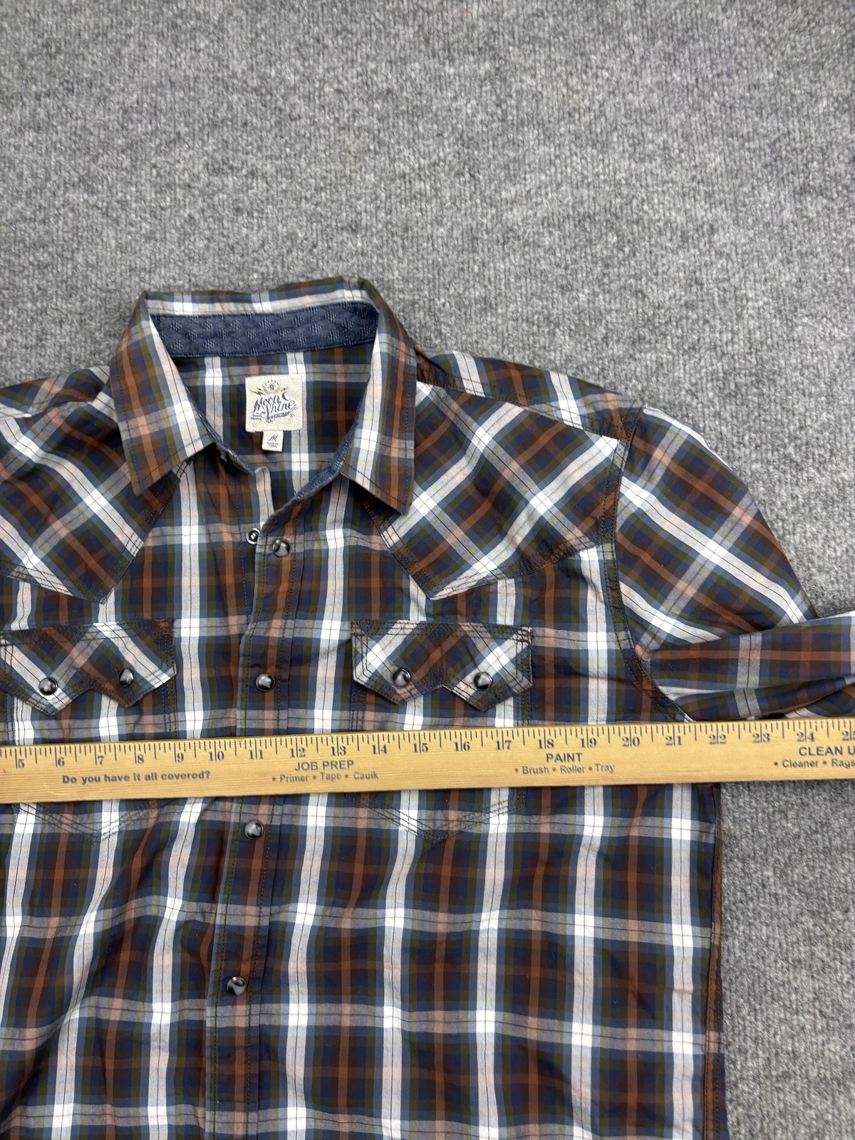 Moon Shine Spirits Shirt Mens Medium Blue Plaid Western Pearl Snap Long Sleeve