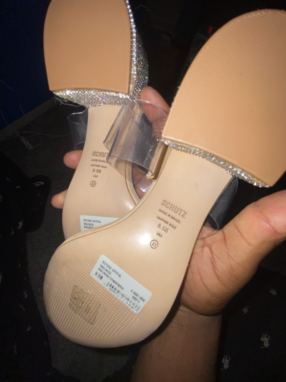 SCHUTZ Women’s Clear Strap Crystal Slide Sandals Block Heel US 8.5 Beige