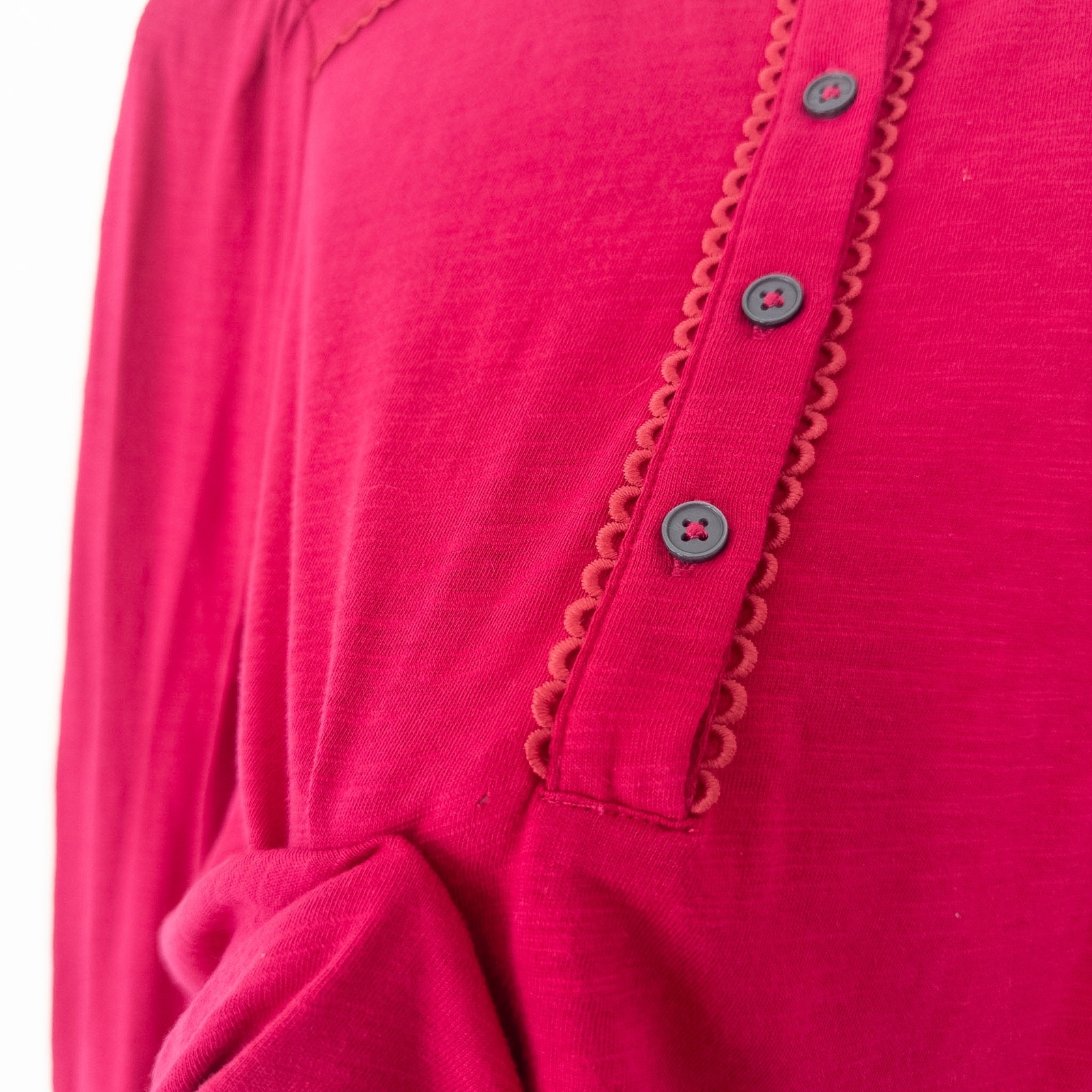 Boden Cotton Henley Blouse Top Size 14 Raspberry Pink Embroidered Long Sleeve