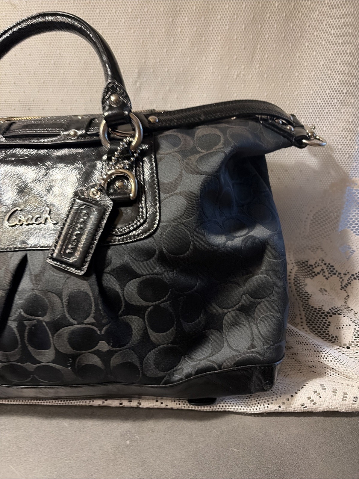 Coach Ashley Signature Sateen Large Satchel Black Canvas Leather Bag F15440 Nice