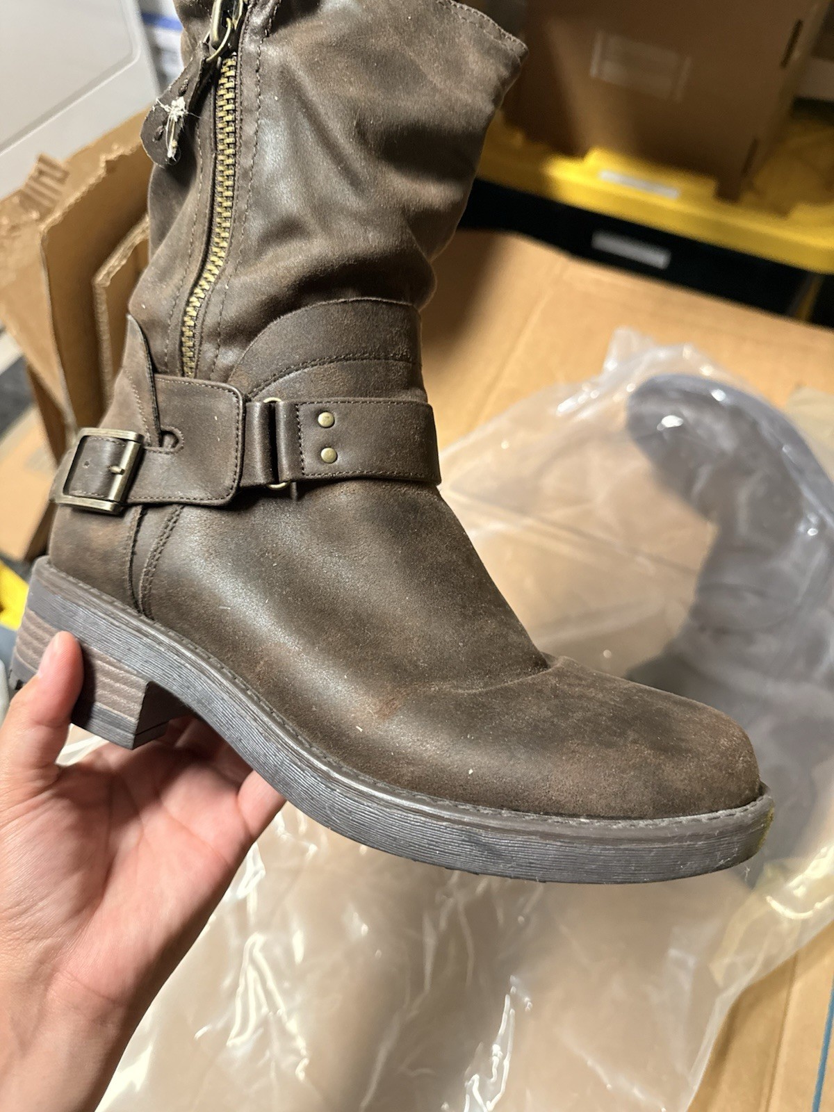 Fergie Women’s Brown Leather Mid-Calf Biker Boots Zip Buckle Round Toe 8