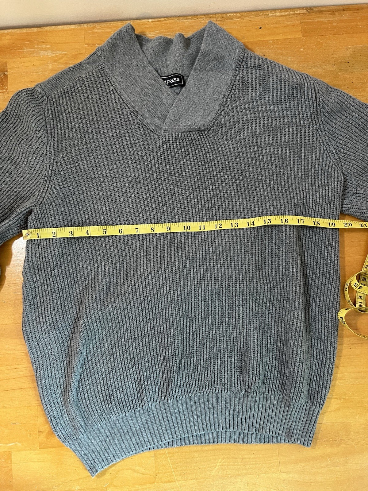 Express Mens Gray Shawl Collar Sweater 100% Cotton Ribbed Knit Pullover