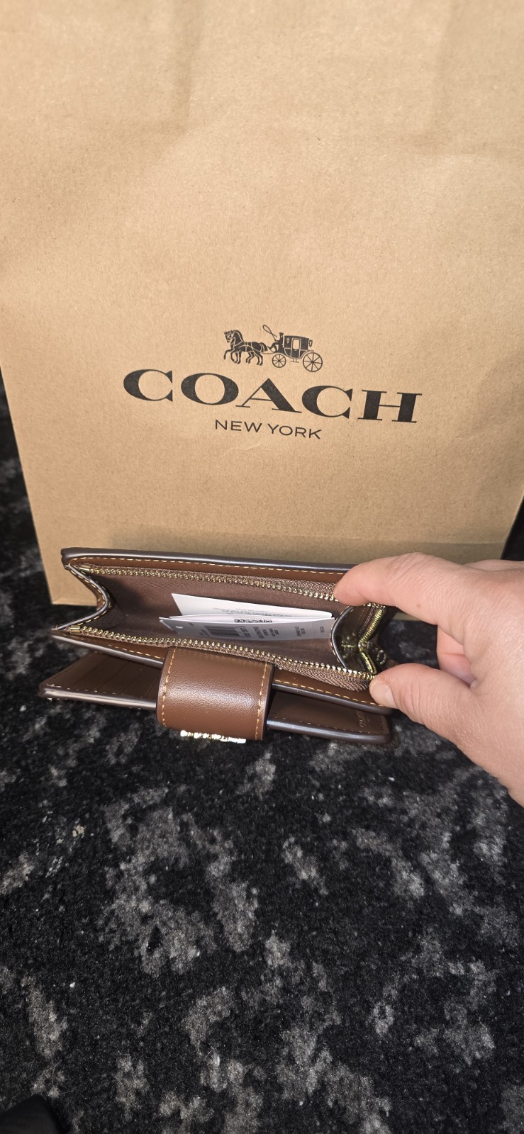 Coach Signature Logo Bifold Wallet Brown/Beige Zip Coin, ID Window, Cards
