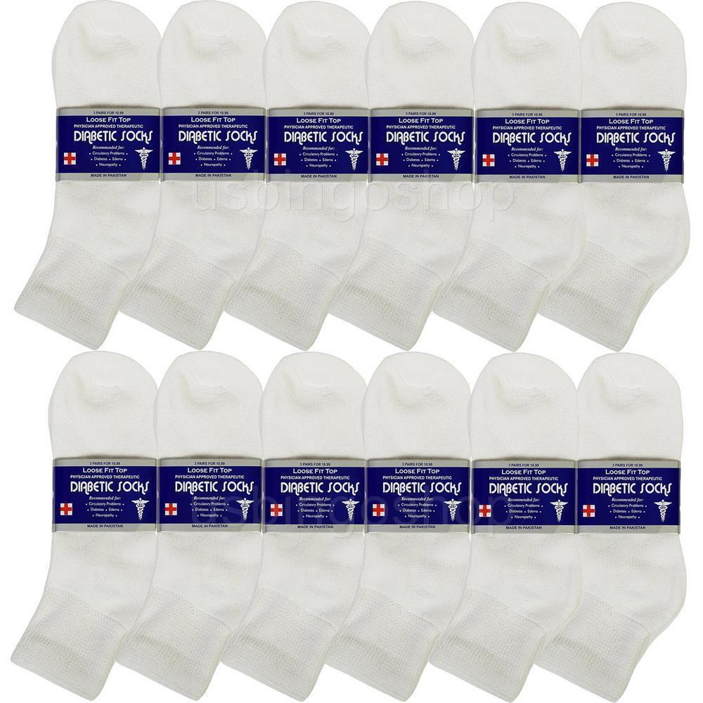 12 PK White Men Cotton Circulatory Loose Fit Quarter Ankle Diabetic Socks 10-13