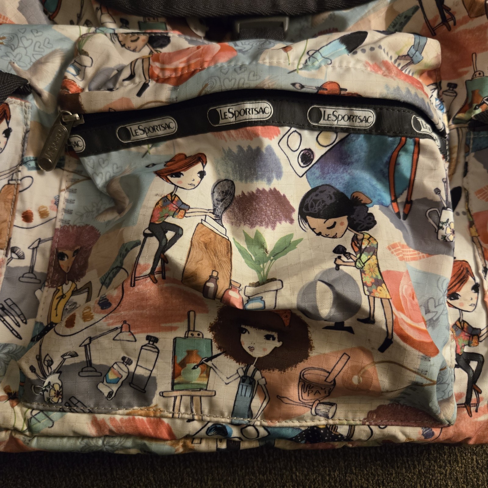 LeSportsac Voyager Backpack ‘Art School’ Cartoon Graphic Pink Lining 13″ x 16″