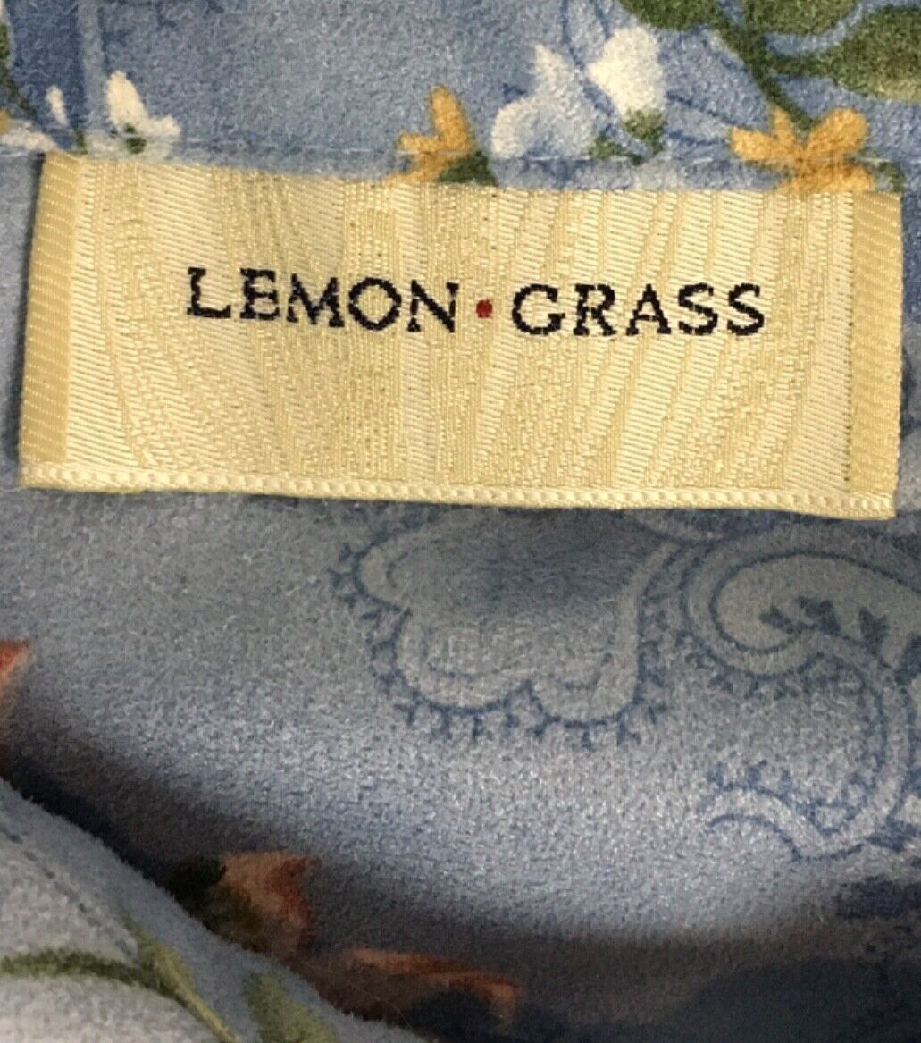Lemon Grass Top Size M Blue w Pink Brown Flowers Button down Long Sleeves Blouse