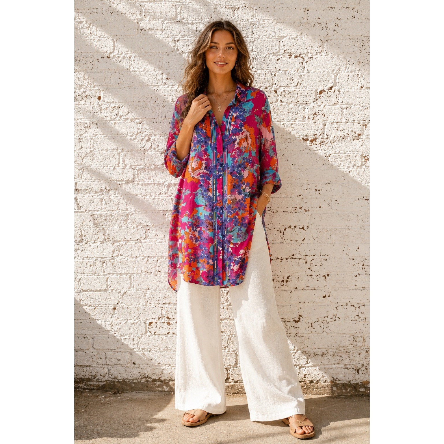 Soft Surroundings Pink Floral Cupro Rayon Shirt Dress Duster 1X 5FV68