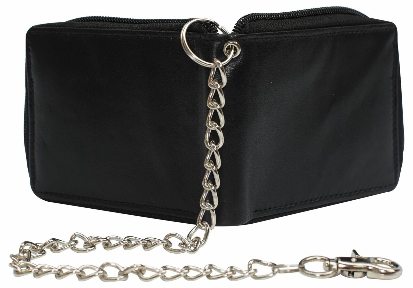 Men’s Zipper RFID Blocking Premium Leather Zip-Around ID Bifold Biker Chain Wall