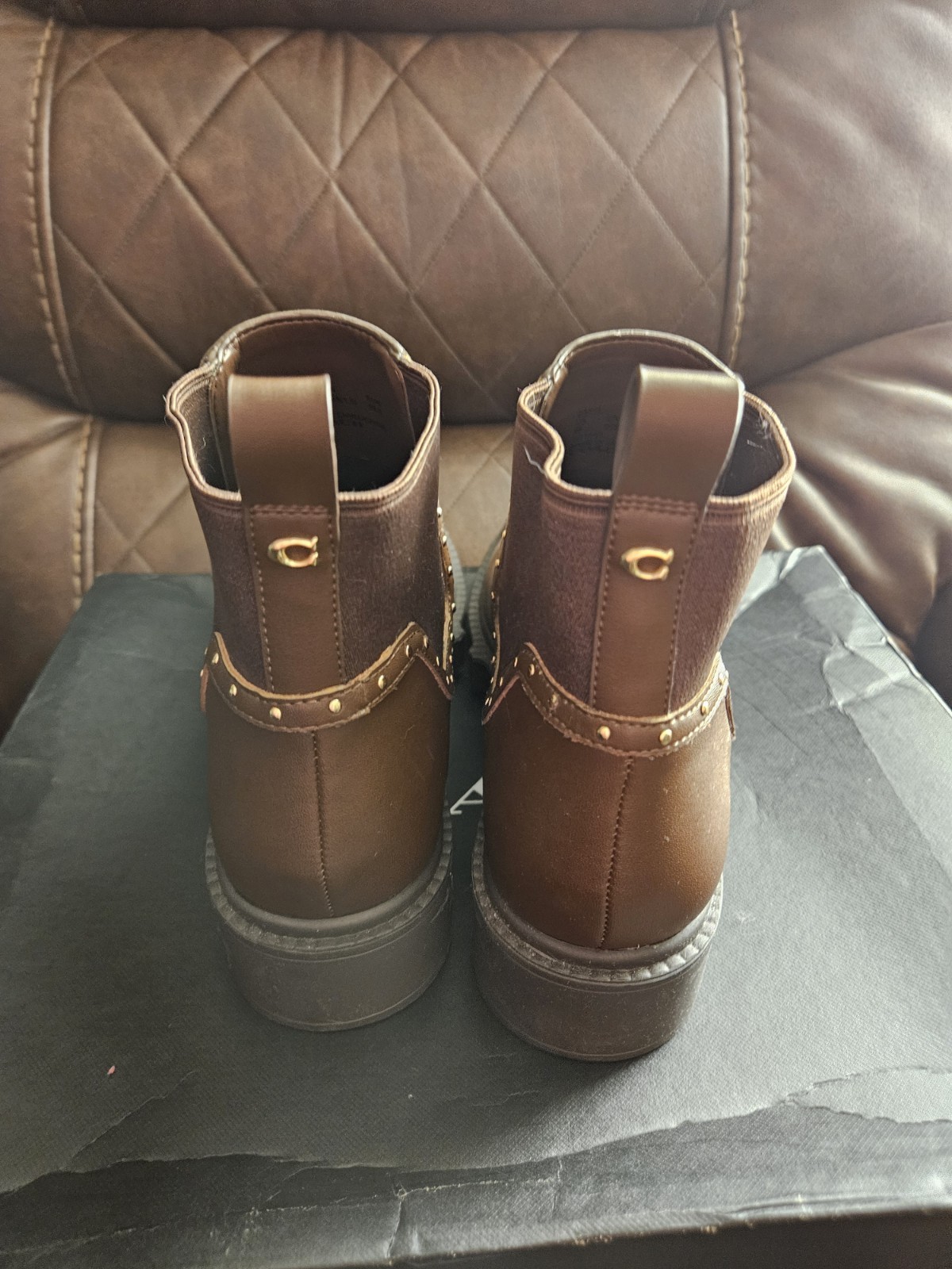 Coach Lory Leather Booties, Size 9 B in Walnut New