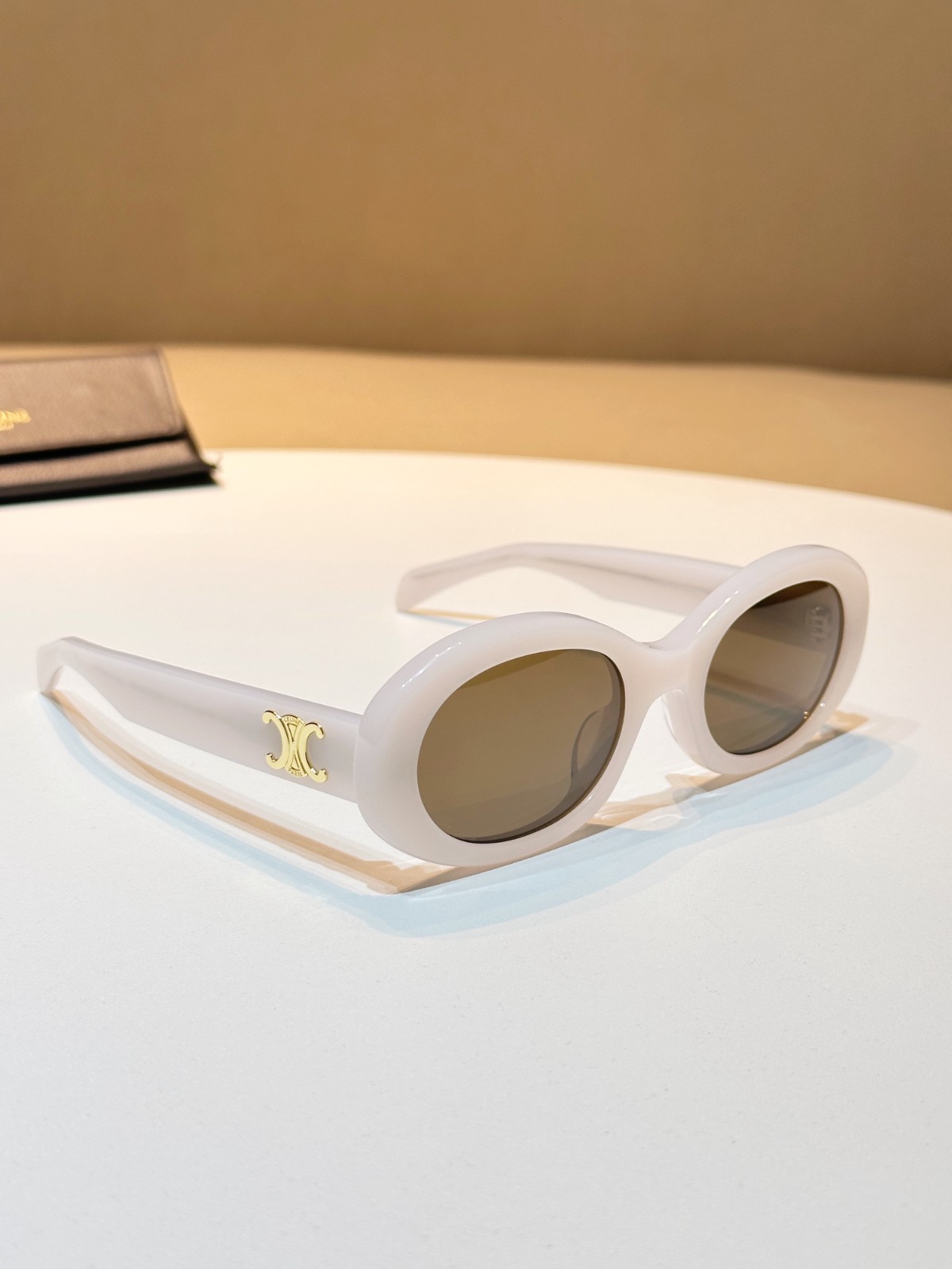 Celine Triomphe Oval Sunglasses Off-White Acetate Gold Logo Designer Chic