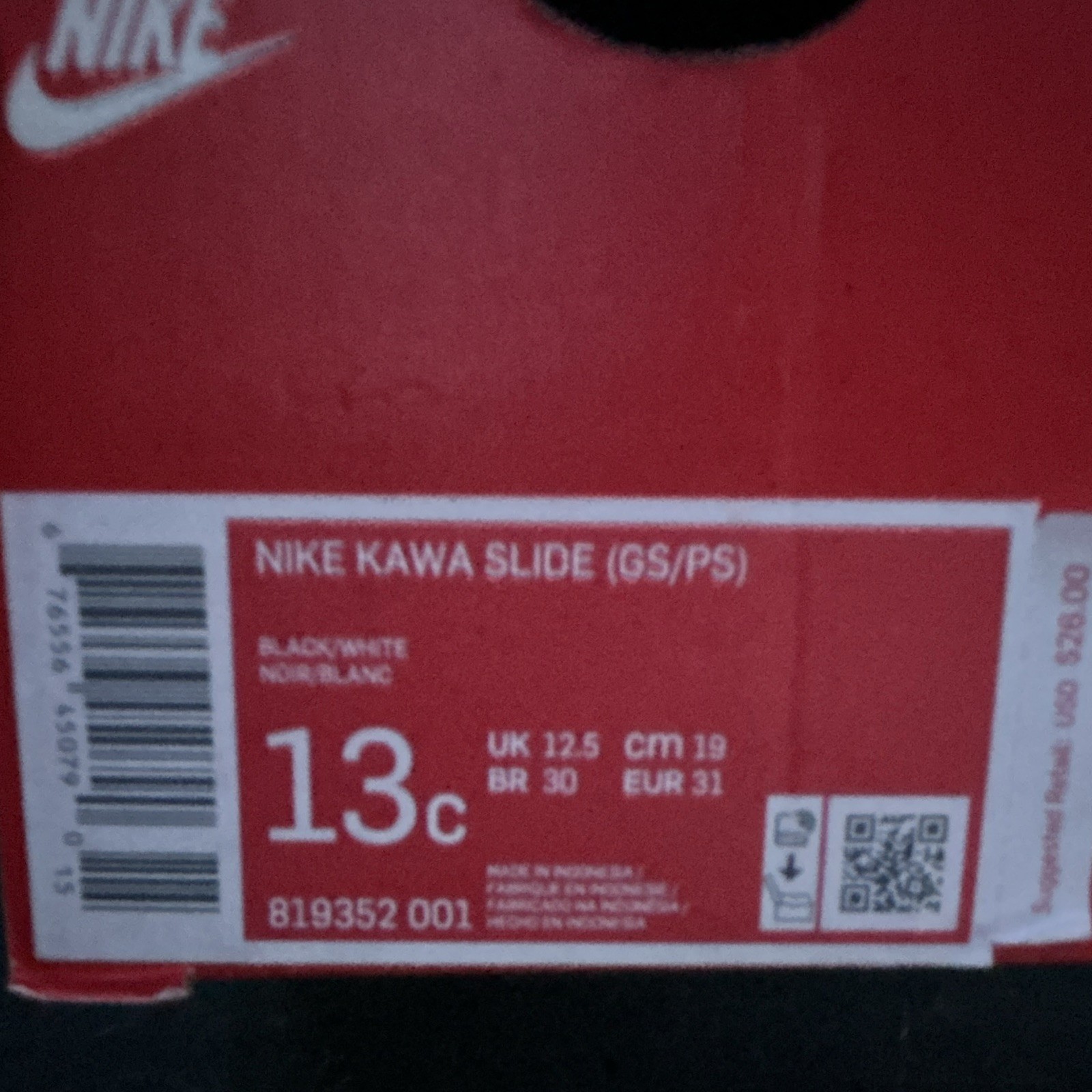 Nike Kawa Slide GS/PS Kids Sandals Black/White US 13C EU 31 MPN 819352-001