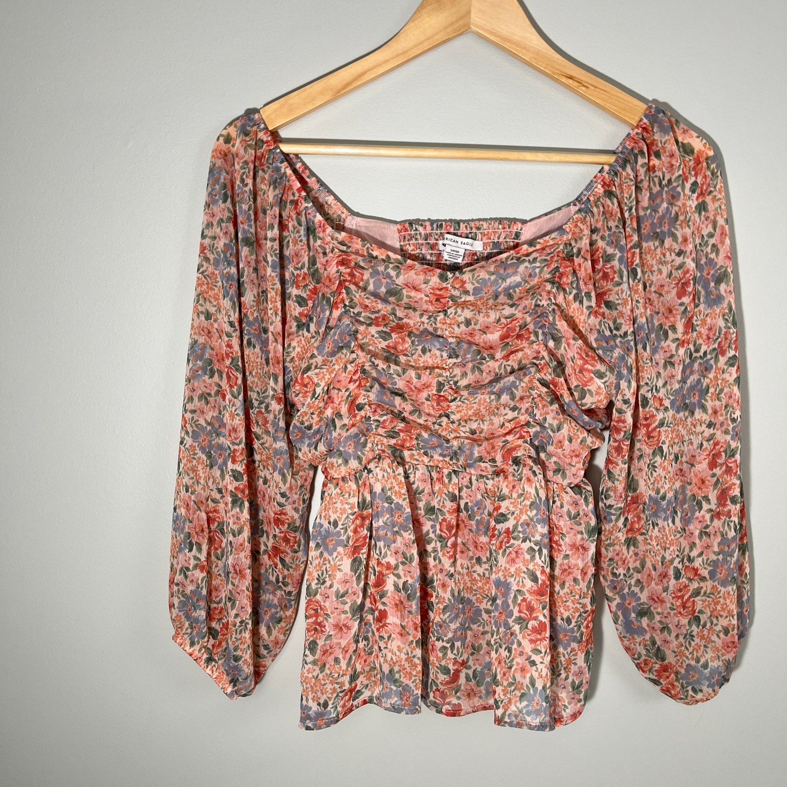 American Eagle Blouse Womens S Multi Floral Chiffon Ruched Babydoll Peasant Boho