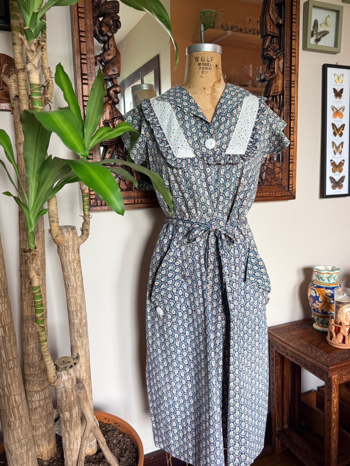 Vintage 40s 50s Blue/Gray/Pink Floral Paisley Cotton Front Tie Housedress Size M