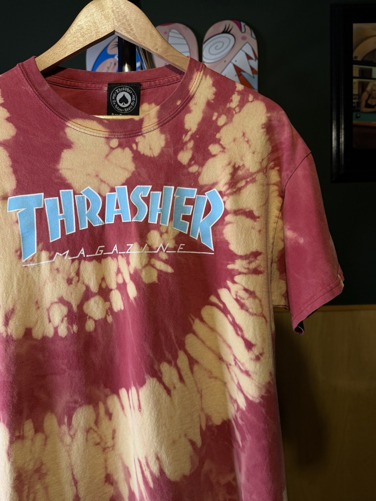 Men’s Thrasher Magazine Skateboarding Custom Bleach Tie-Dye Red/Yellow Tshirt