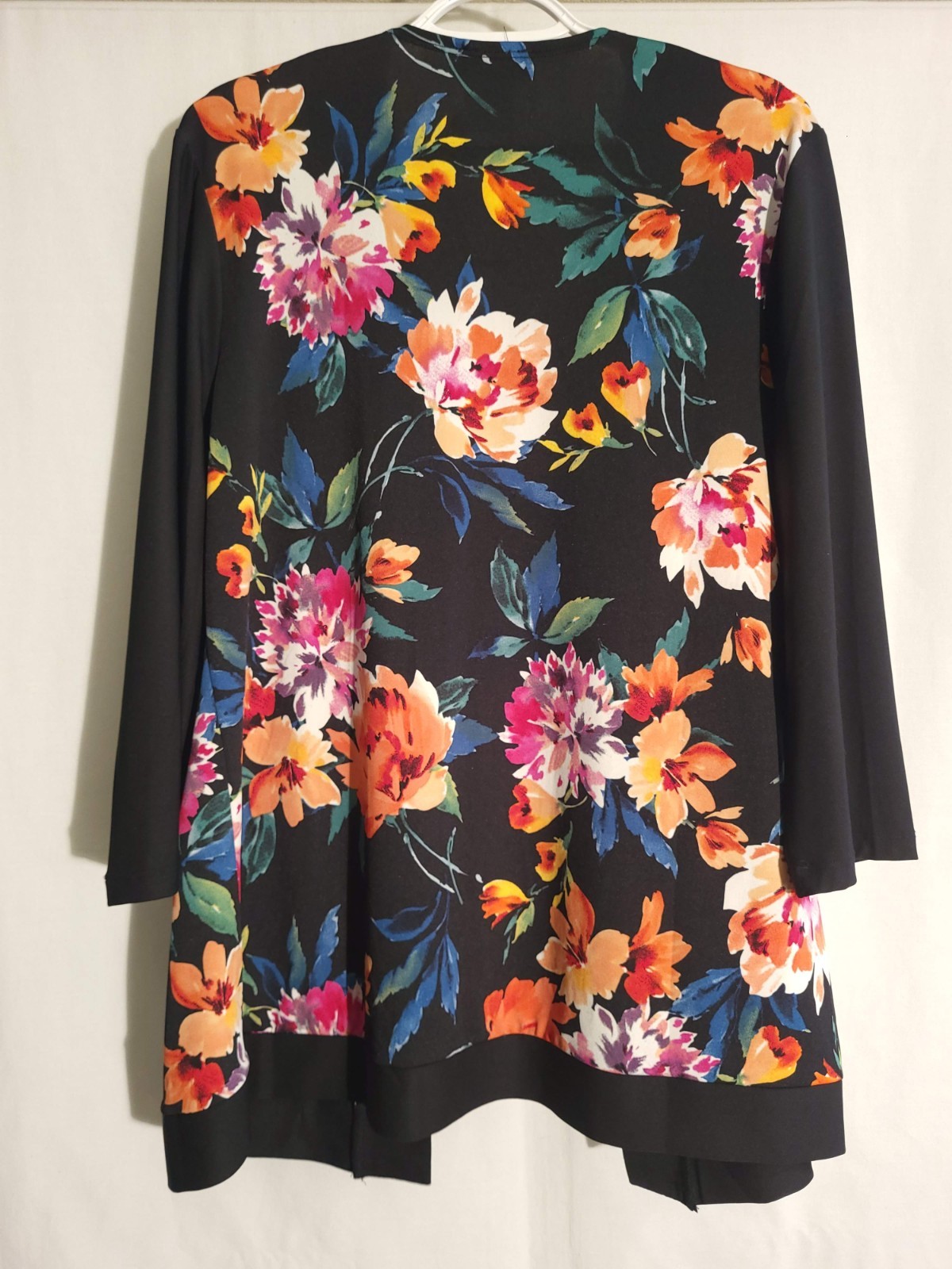 Slinky Brand-Black Orange Purple Blue Floral ong Sleeve Open Front Top-LARGE