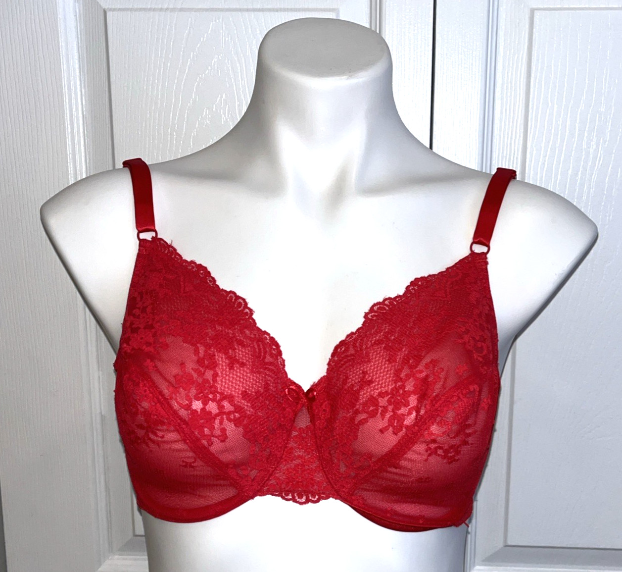 VTG Vanity Fair Lace Bra Underwire Unlined Full Coverage Sty 75-100 Red Sz 32DD