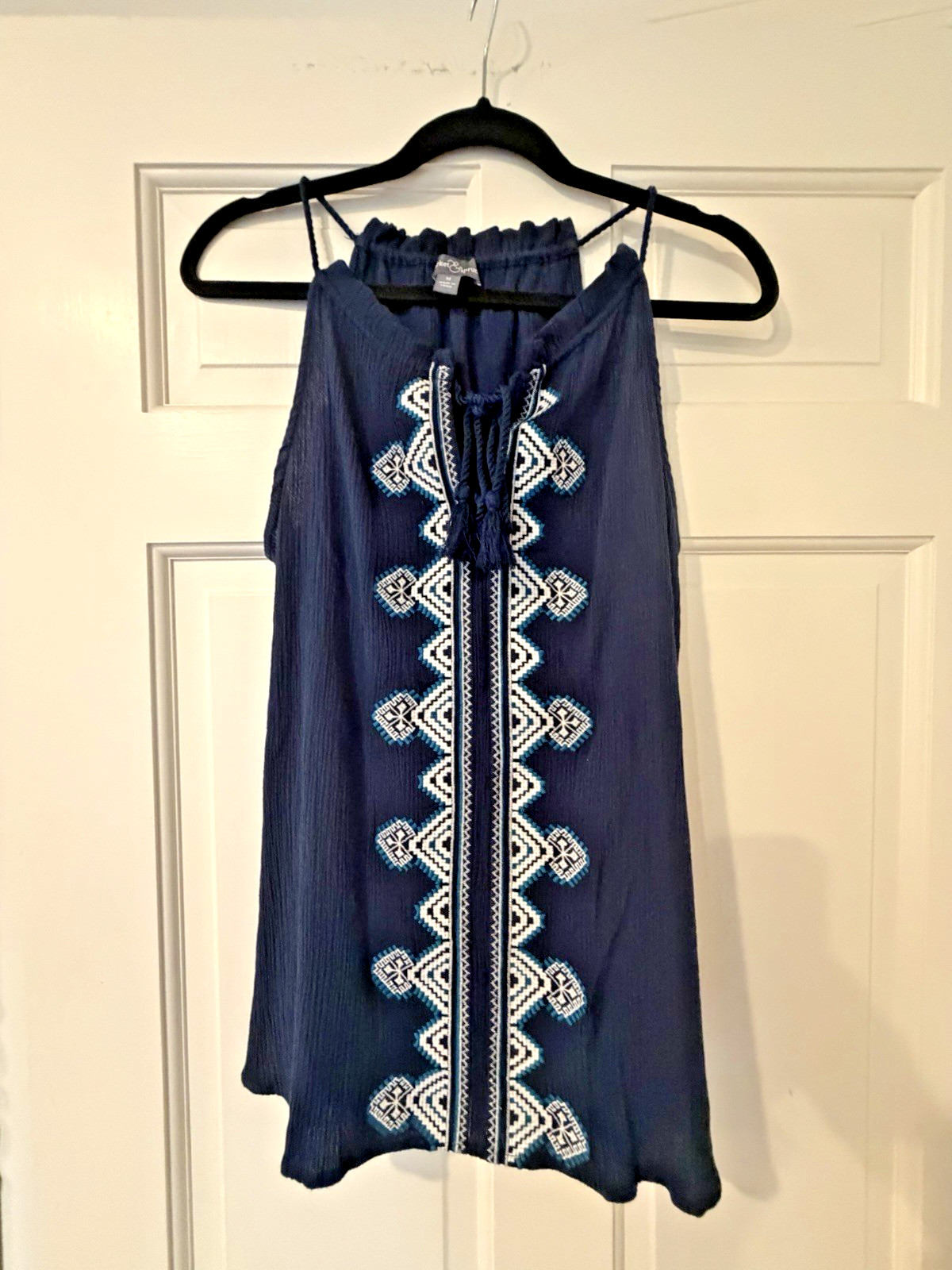 Market & Spruce Women’s M Navy Embroidered Tasseled Tank Boho Peasant