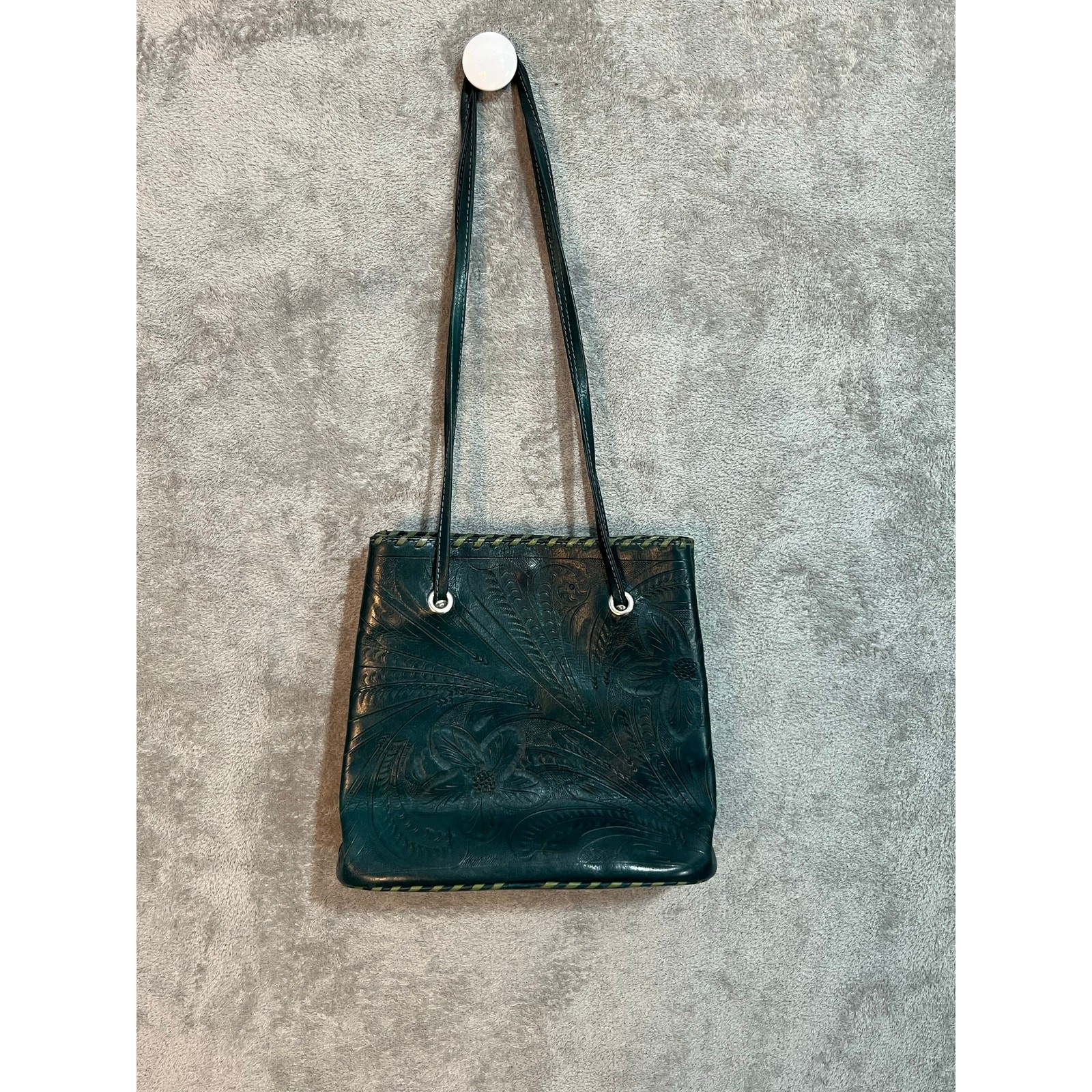 Tooled Leather Purse Green Floral Handmade in Paraguay Handmade Boho Western