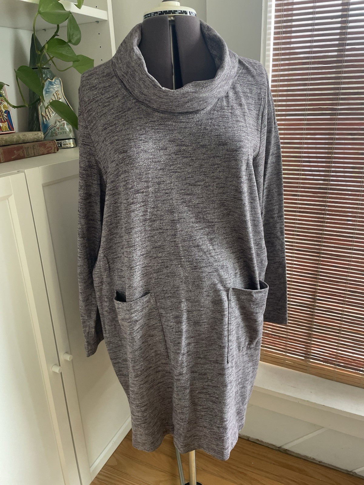 PureJill Cowl Neck Tunic Top Heathered Grey Drop In Pockets Lagenlook Sz L
