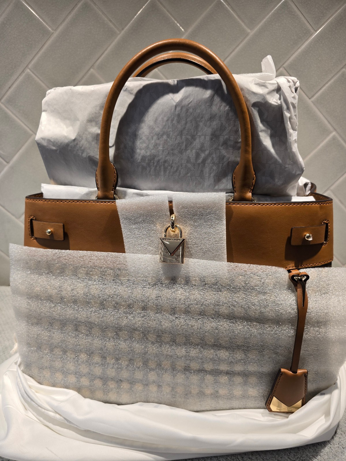 NWT Michael Michael Kors Gramercy Tan Leather/MK Logo Satchel w/ Nailhead Studs