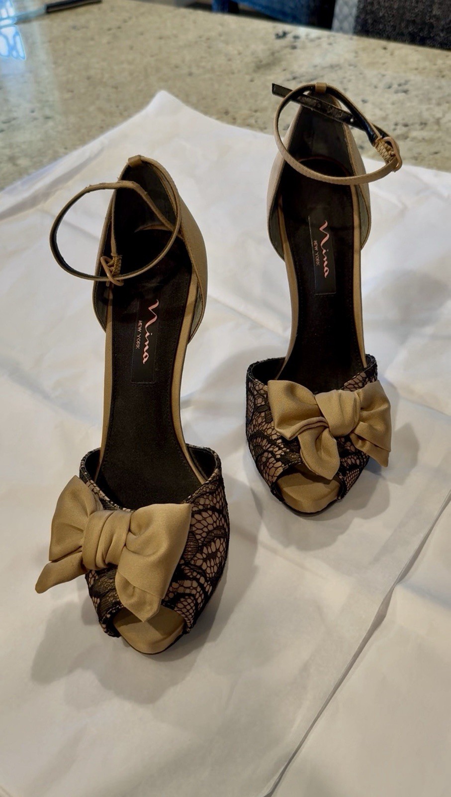 Nina Women’s Beige/Black Lace Peep Toe Bow Ankle Strap Buckle Heels 8