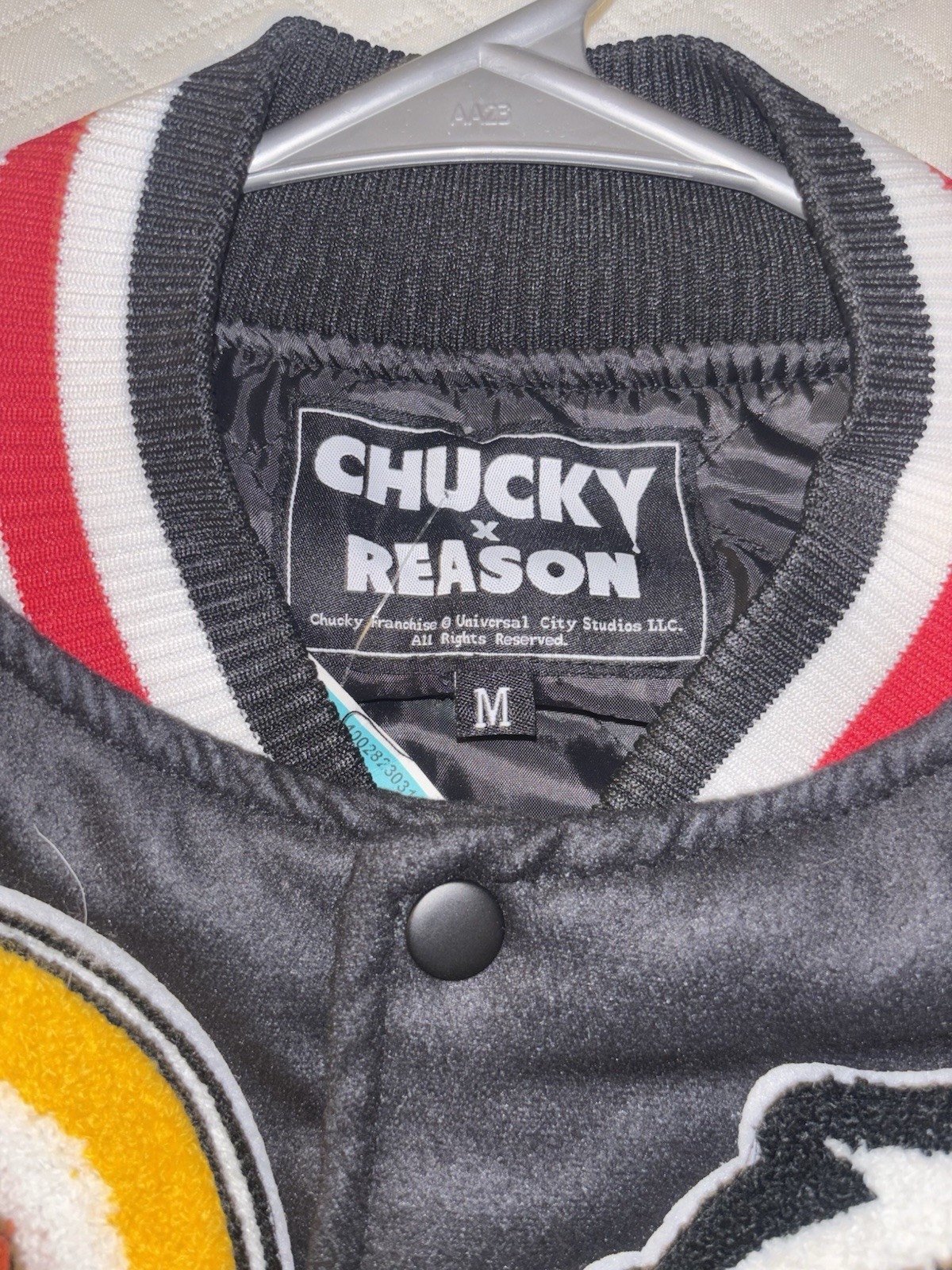 Reason Men’s Varsity Jacket M Black White Red Graphic Print Lined Snap Buttons