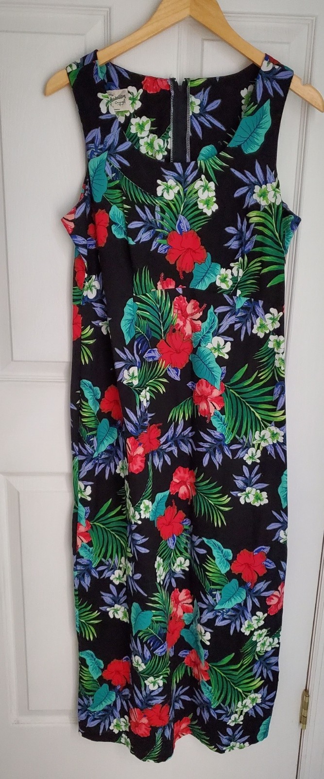 HILO HATTIE Hawaiian Sleeveless Floral Sheath Long Maxi Vintage Dress Sz 14 Luau