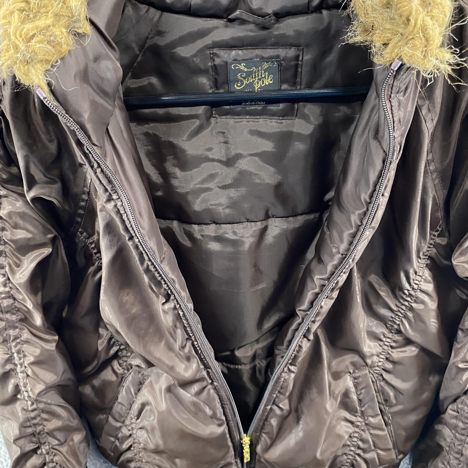 South Pole Jacket Women Small Brown Hooded Bomber Faux Fur Trim Puffer
