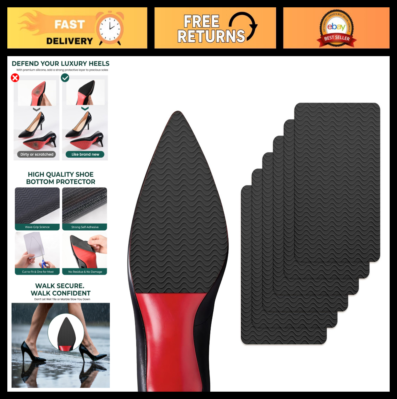 Non-Slip Shoe Sole Protectors – 6 Pcs Self-Adhesive Grips for High Heels & Boots