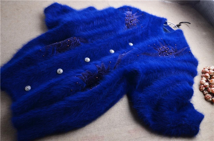 Women’s Angora Rabbit Hair Beaded Batwing Sleeves Loose Cardigans Sweater Coat
