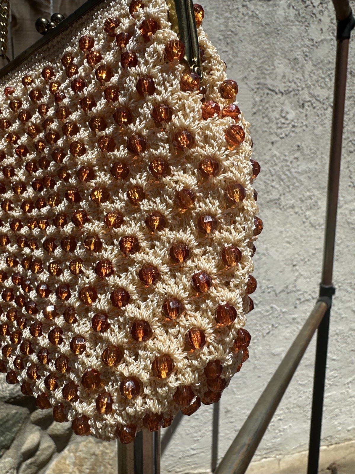 Vintage Crochet Sparkling Brown Garnet Crystal Beads Evening Bag Handbag Purse