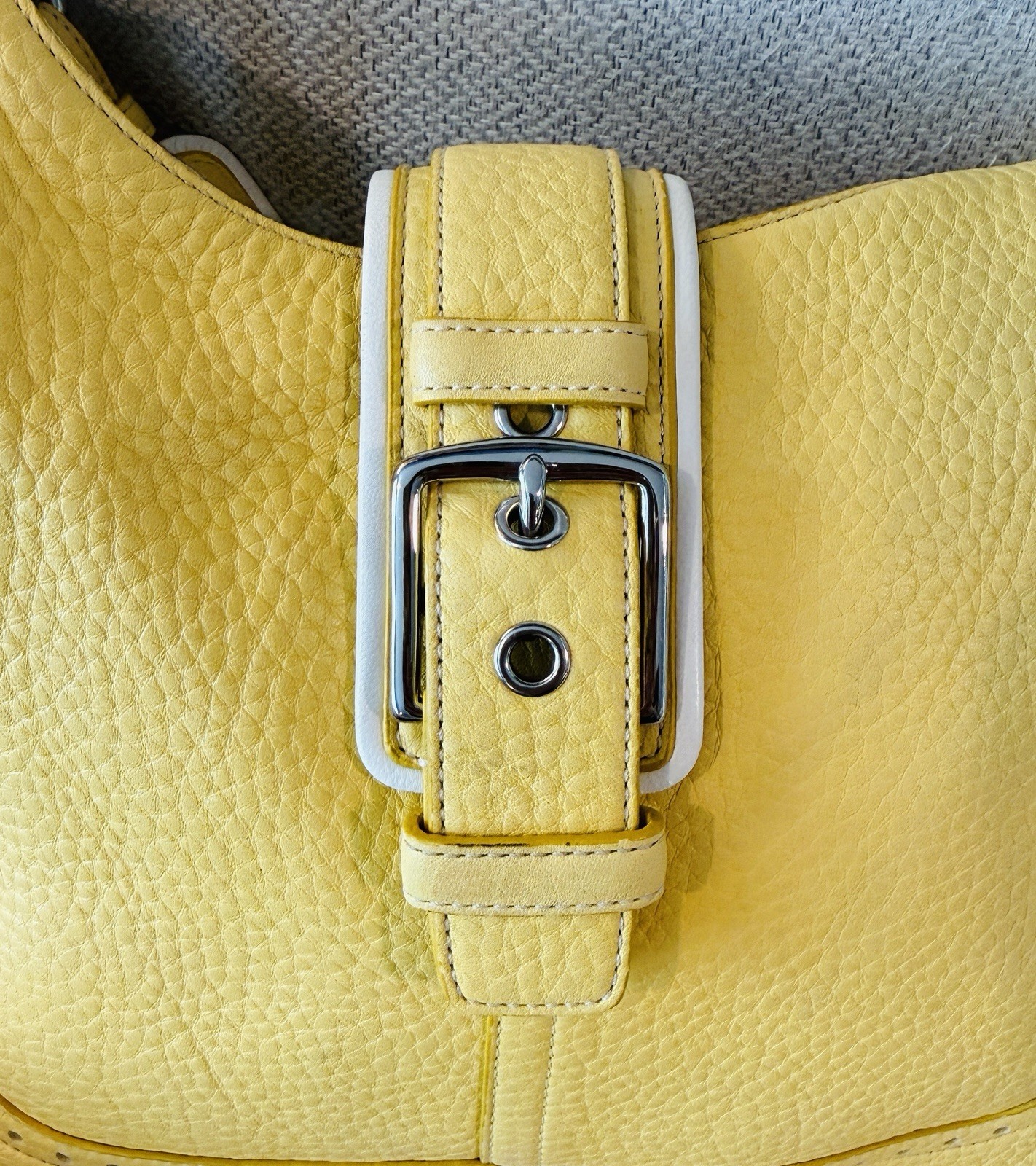 Coach Yellow Pebbled Shoulder Bag Zip Top, Silver Hardware, Buckle Accent