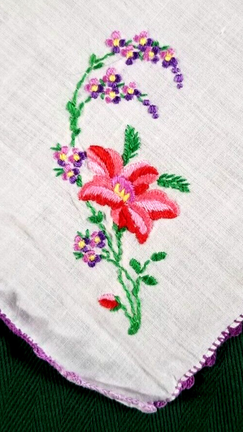 Hand Embroidered Fine Soft Cotton VTH Handkerchief Pocket Square Purple Flowers