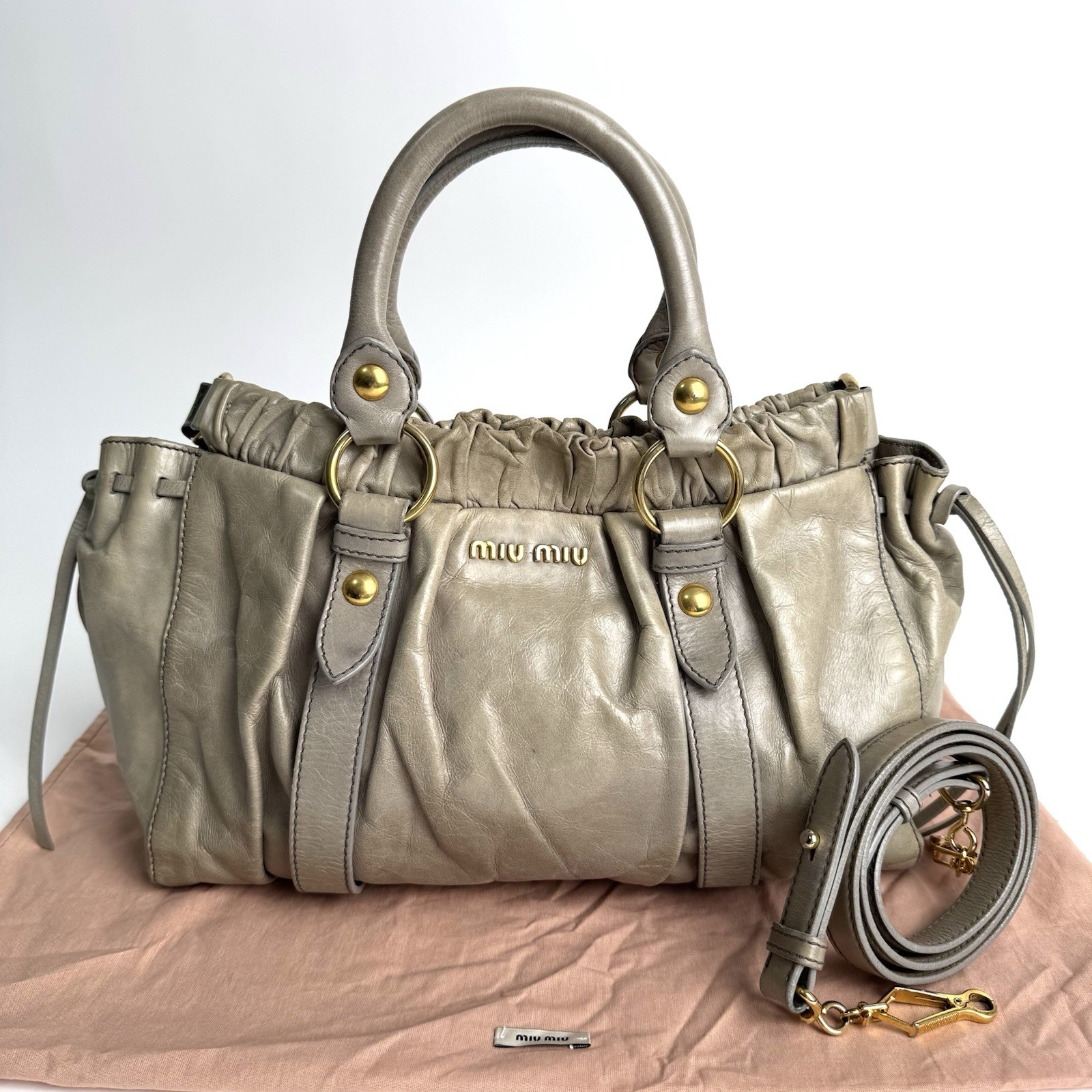 Miu Miu Vitello Lux 2Way Handbag Shoulder Bag Gray Greige Leather Auth Y2K e107