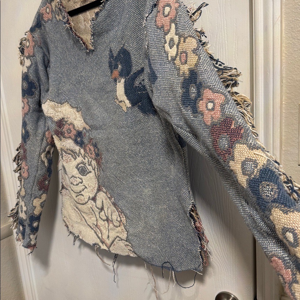 RARE! Dreamsicle Tapestry Sweater Cherub Long Sleeve V-Neck Distressed Fringe