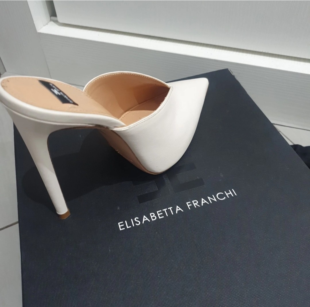 Elisabetta Franchi White Leather Pointed Toe Mules 100mm Heels EU 37 NWT Box