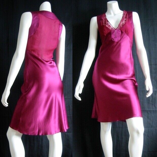 MALANDRINO fushia silk dress 2 NWT lace inset sheer back