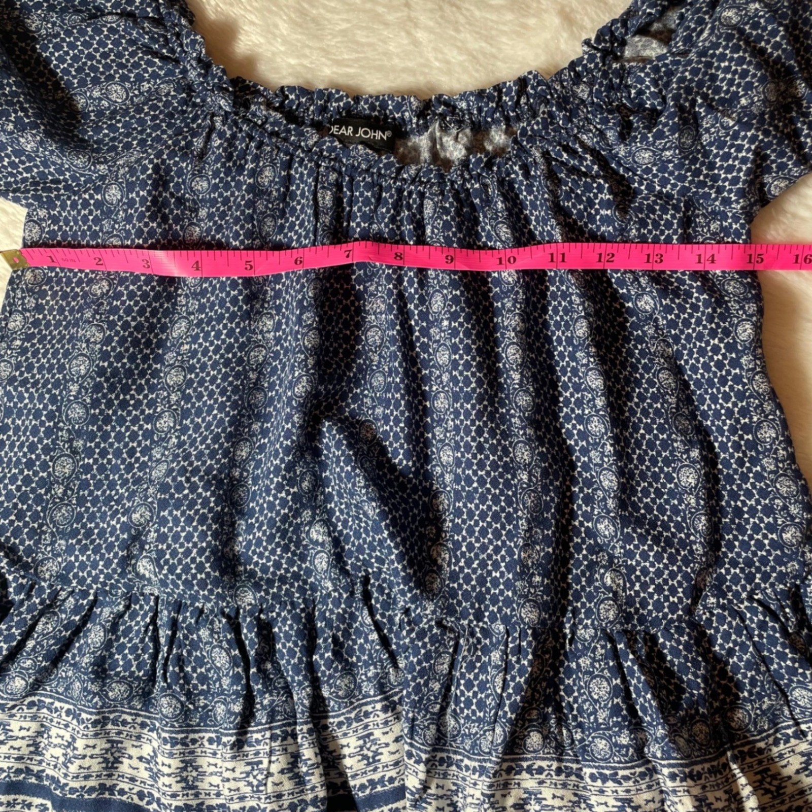 Dear John Blue White Medallion Print Boho Ruffle Peplum Blouse Top XS Peasant