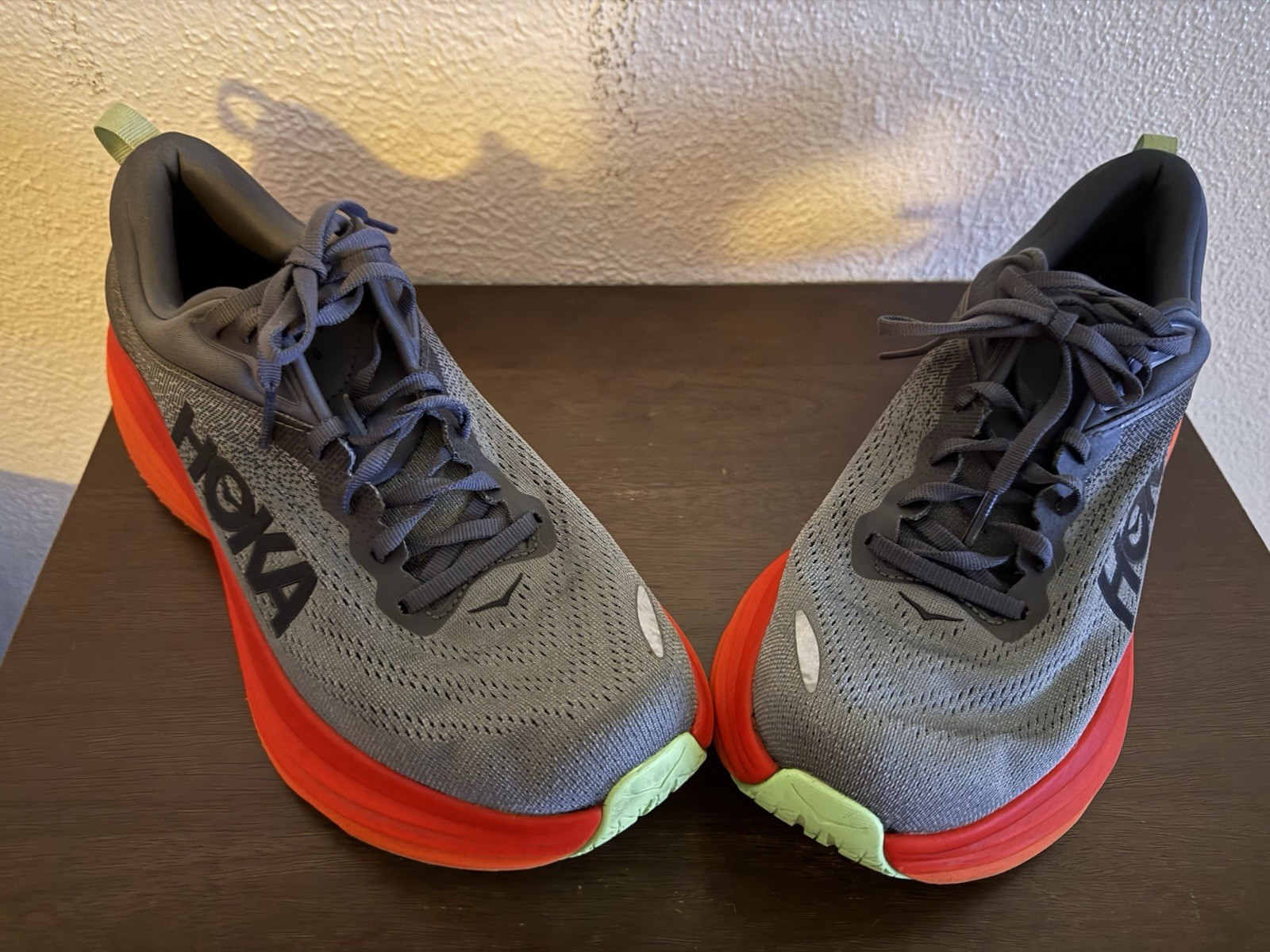Hoka One One Bondi 8 Mens 9.5D Grey Orange Trail Road Running Shoes Sneakers