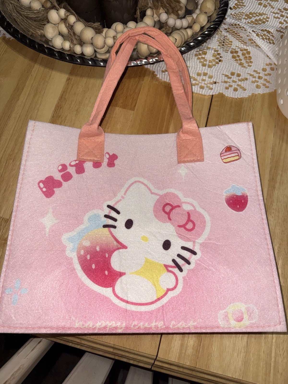 Hello Kitty Pink Tote Bag, Double Handles, Strap Accent, Cartoon Character