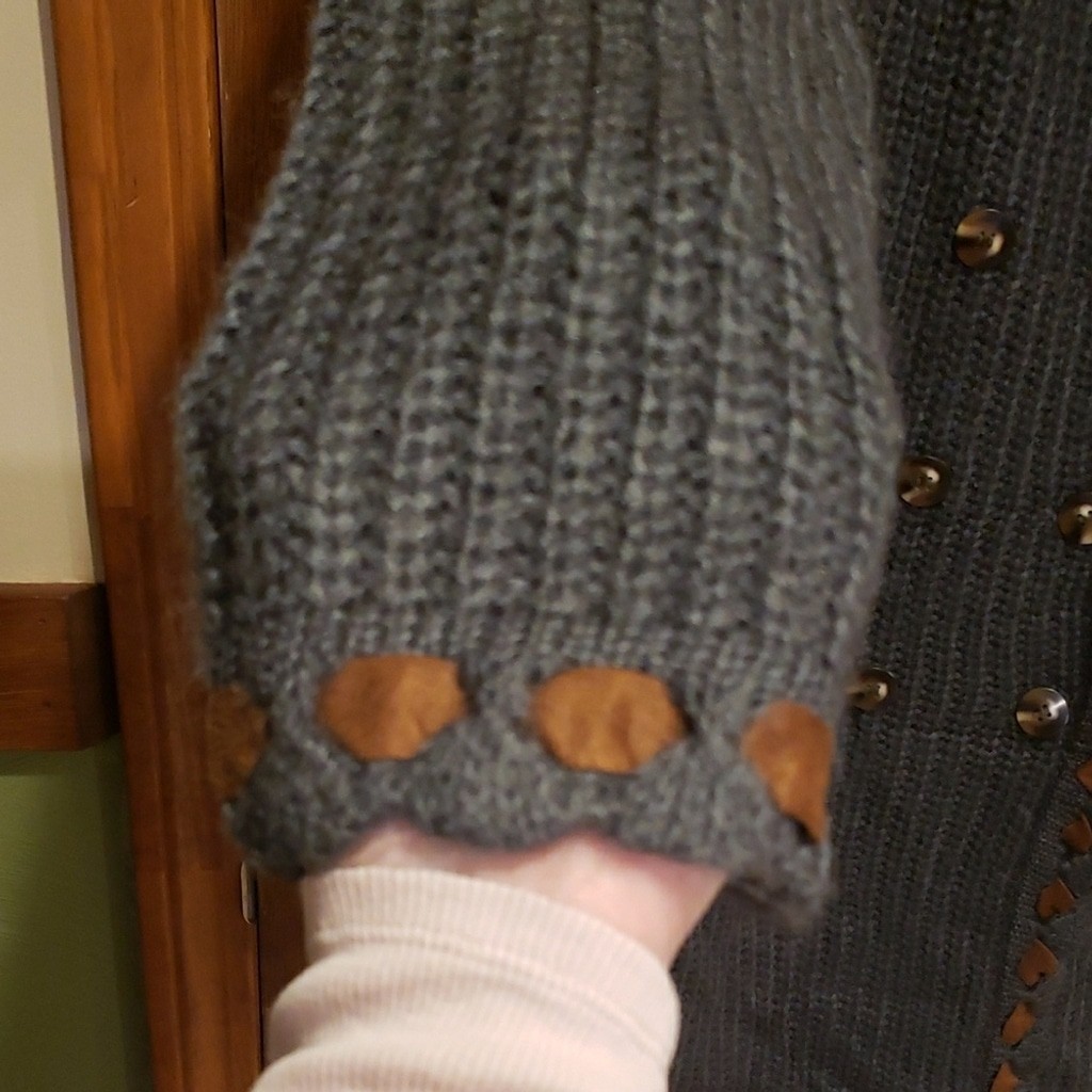 POL Gray Knit Cardigan Duster with Brown Ribbon Accents And Elbow Patches.
