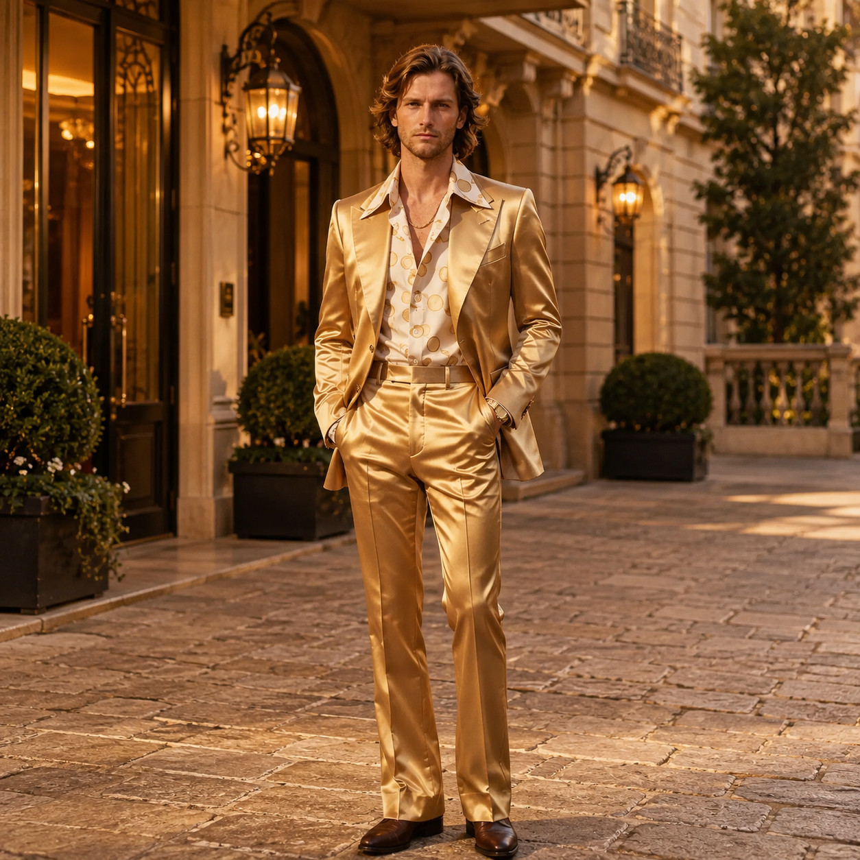 Mens Gold Satin Suit 2 Piece Peak Lapel Wedding Prom Blazer Trousers Set