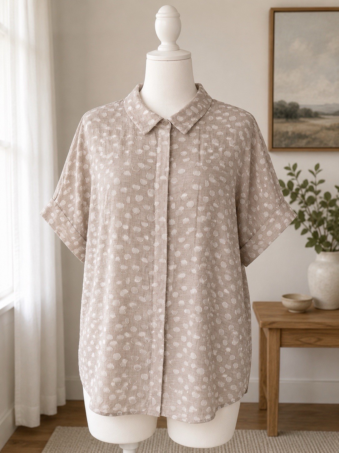 Alfani XL Women Taupe Swiss Dot Blouse Textured Button Front Short Sleeve Top