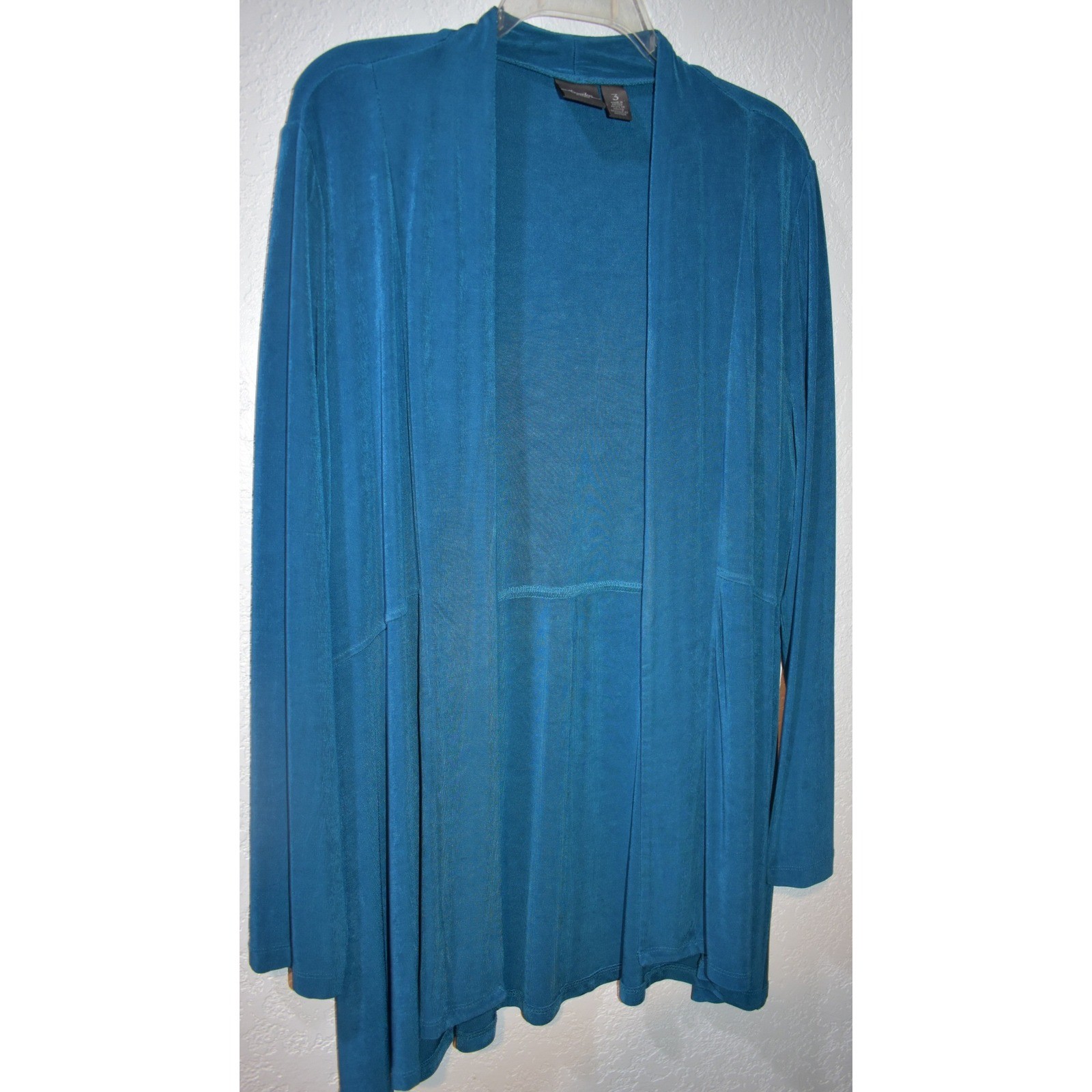 Chicos Travelers Teal Blue Open Front Slinky Knit Cardigan Jacket Size 3 XL